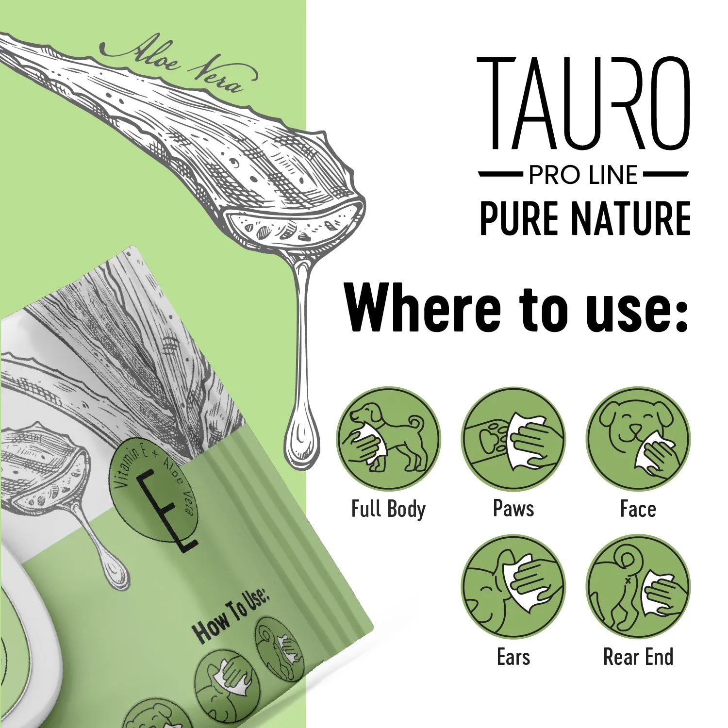 Tauro Pro Line Pure Nature Wet Wipes For Every Day Dog & Cat Coat Care With Aloe Vera Extract To Moisture The Skin & Coat