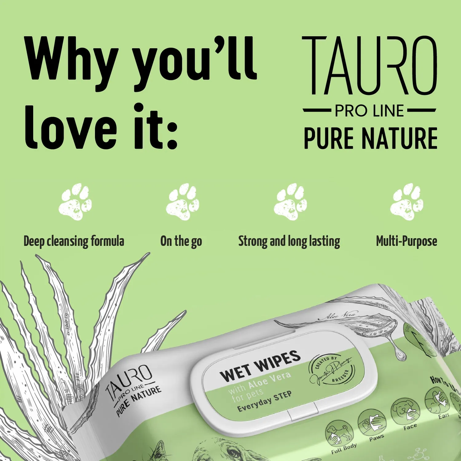 Tauro Pro Line Pure Nature Wet Wipes For Every Day Dog & Cat Coat Care With Aloe Vera Extract To Moisture The Skin & Coat