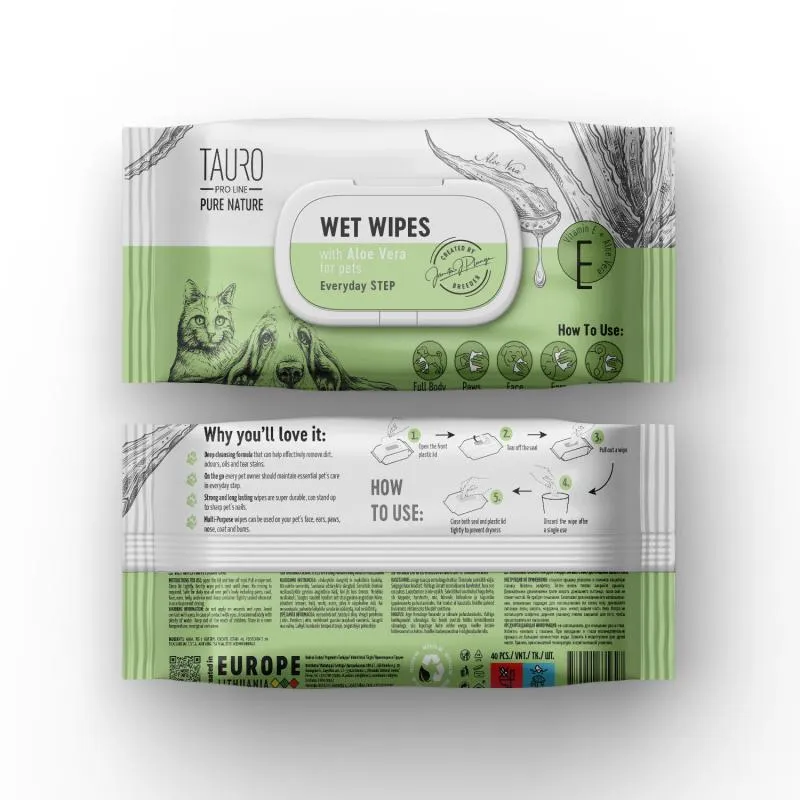 Tauro Pro Line Pure Nature Wet Wipes For Every Day Dog & Cat Coat Care With Aloe Vera Extract To Moisture The Skin & Coat