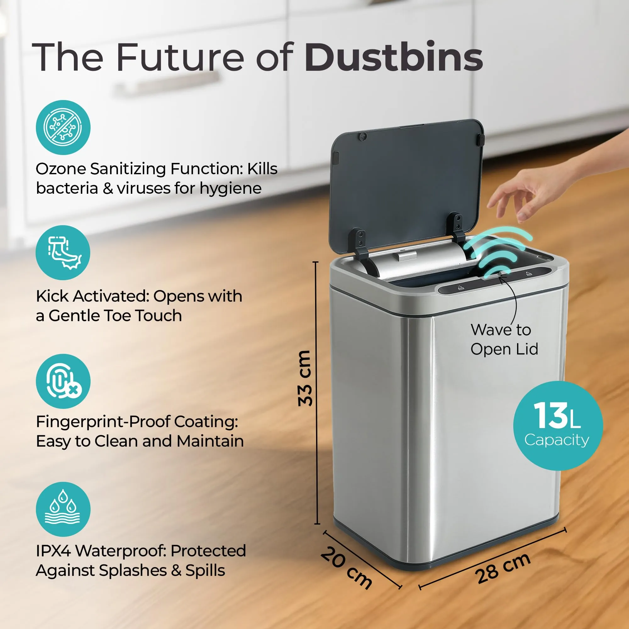 The Better Home 13L Stainless Steel Dustbin With Lid | Automatic Smart Sensor Dustbin For Kitchen | Dustbin For Bathroom | Dustbin With Digital Screen | Silver