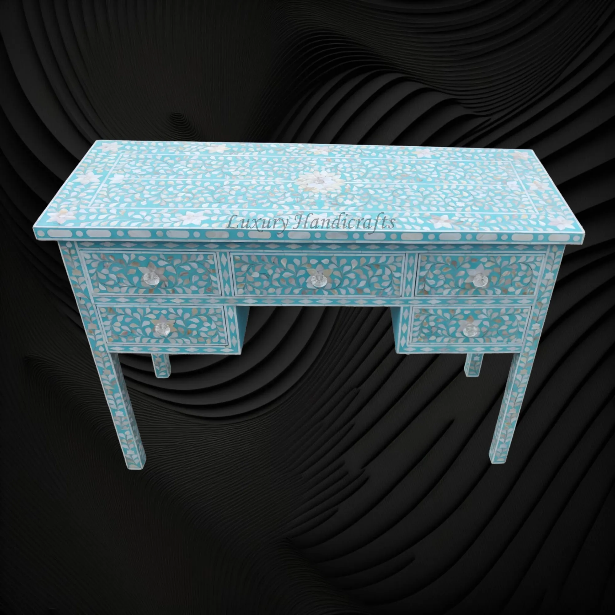 Turquoise Mother Of Pearl Inlay 5 Drawer Desk