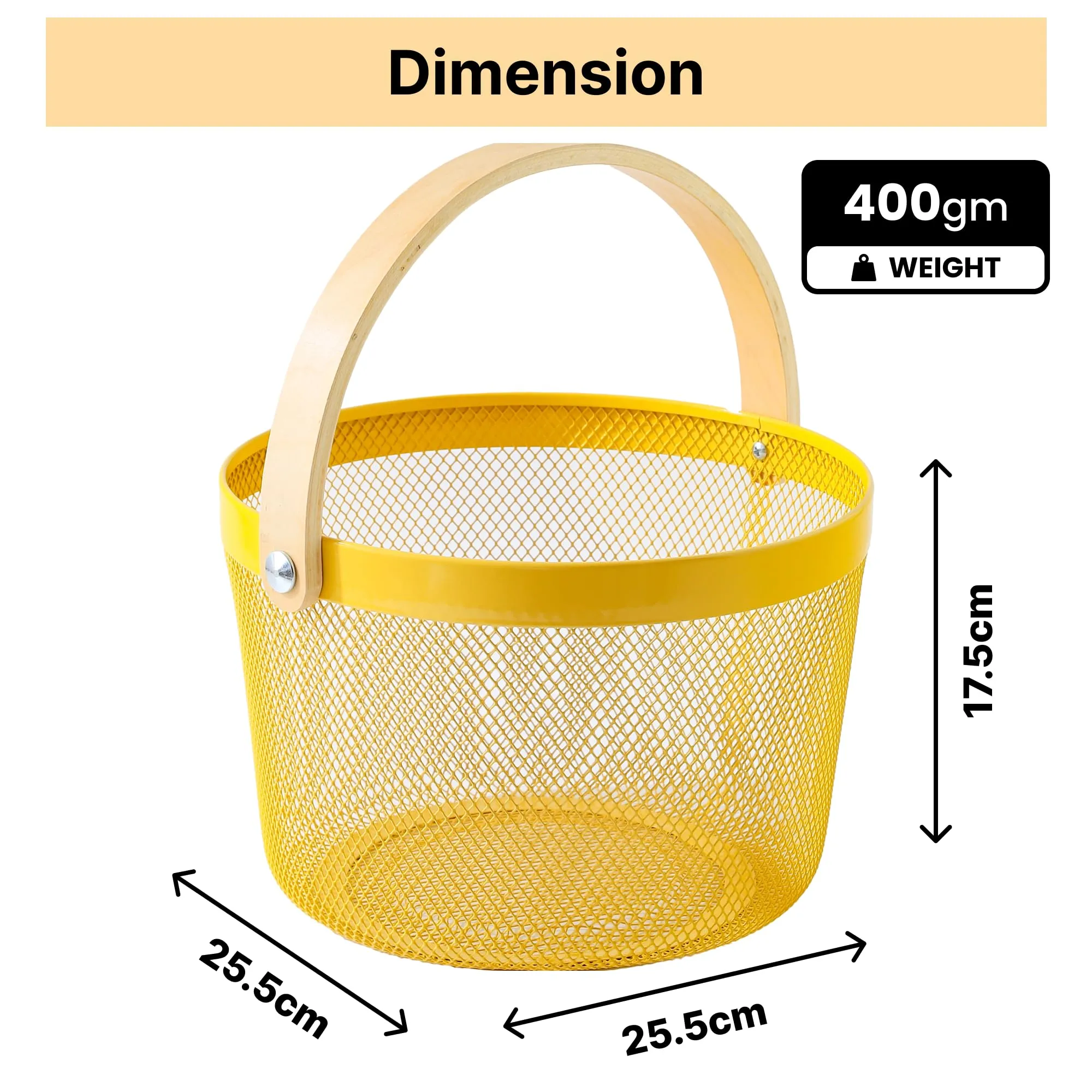 UMAI Metal Mesh Basket for Storage with wooden handle | 400 Gm | Fruit Basket & Vegetable Basket for Kitchen | Kitchen Organizer | Baskets for Organizing home & Kitchen | Yellow | Multipurpose