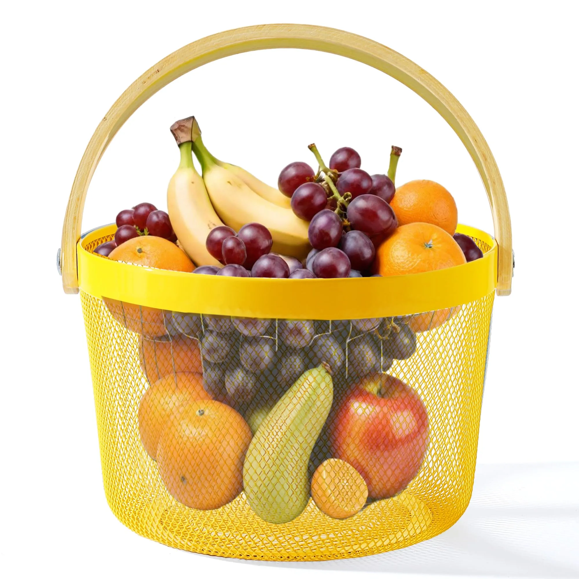 UMAI Metal Mesh Basket for Storage with wooden handle | 400 Gm | Fruit Basket & Vegetable Basket for Kitchen | Kitchen Organizer | Baskets for Organizing home & Kitchen | Yellow | Multipurpose