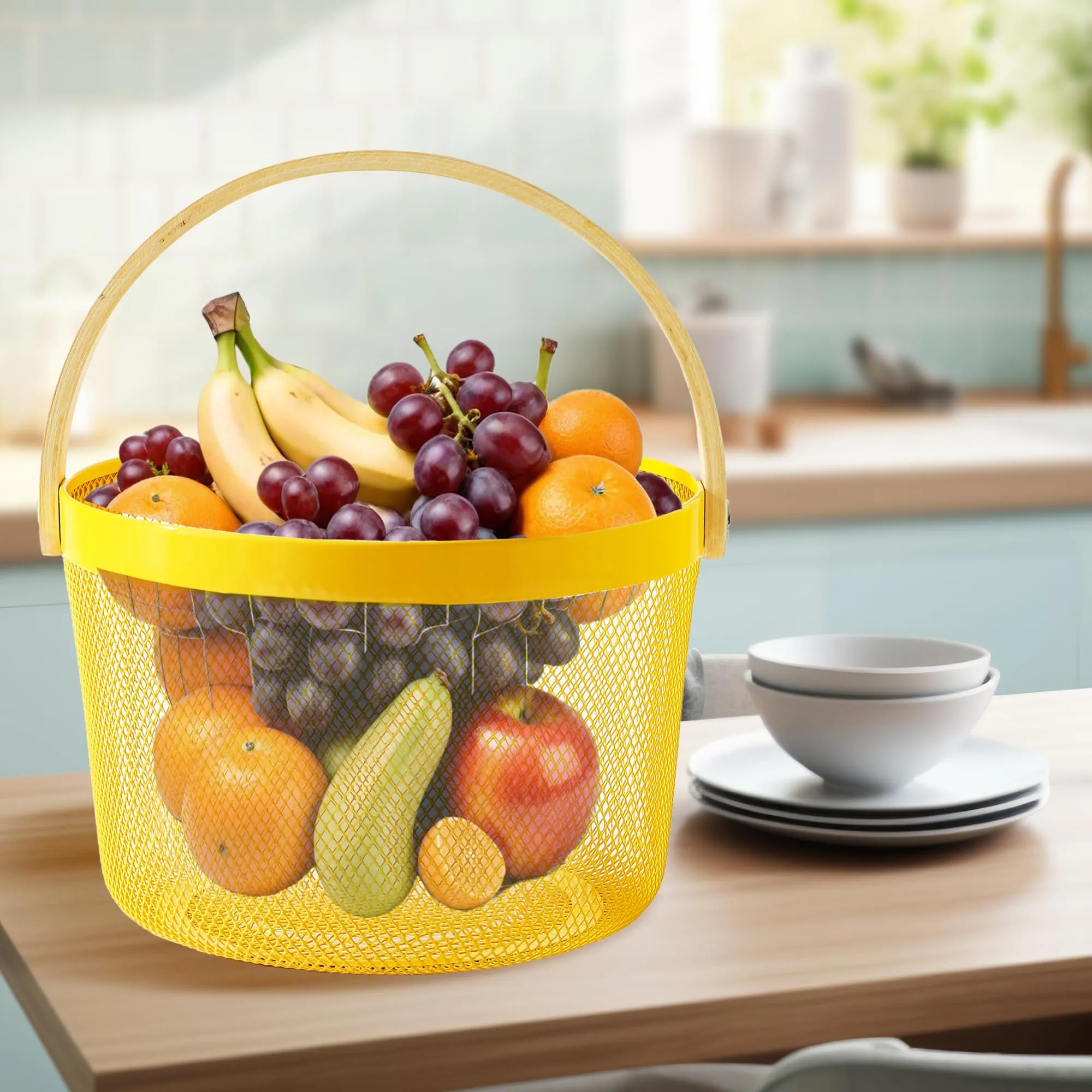 UMAI Metal Mesh Basket for Storage with wooden handle | 400 Gm | Fruit Basket & Vegetable Basket for Kitchen | Kitchen Organizer | Baskets for Organizing home & Kitchen | Yellow | Multipurpose