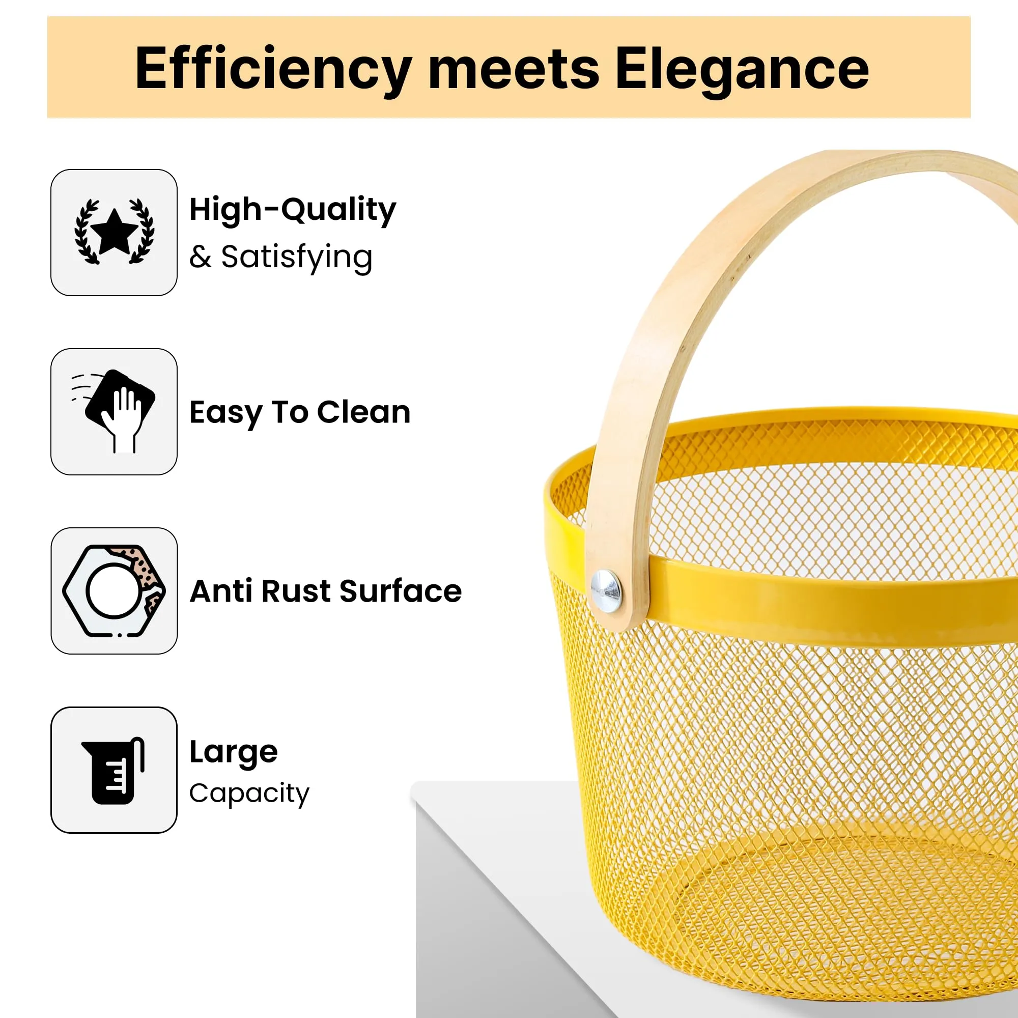 UMAI Metal Mesh Basket for Storage with wooden handle | 400 Gm | Fruit Basket & Vegetable Basket for Kitchen | Kitchen Organizer | Baskets for Organizing home & Kitchen | Yellow | Multipurpose