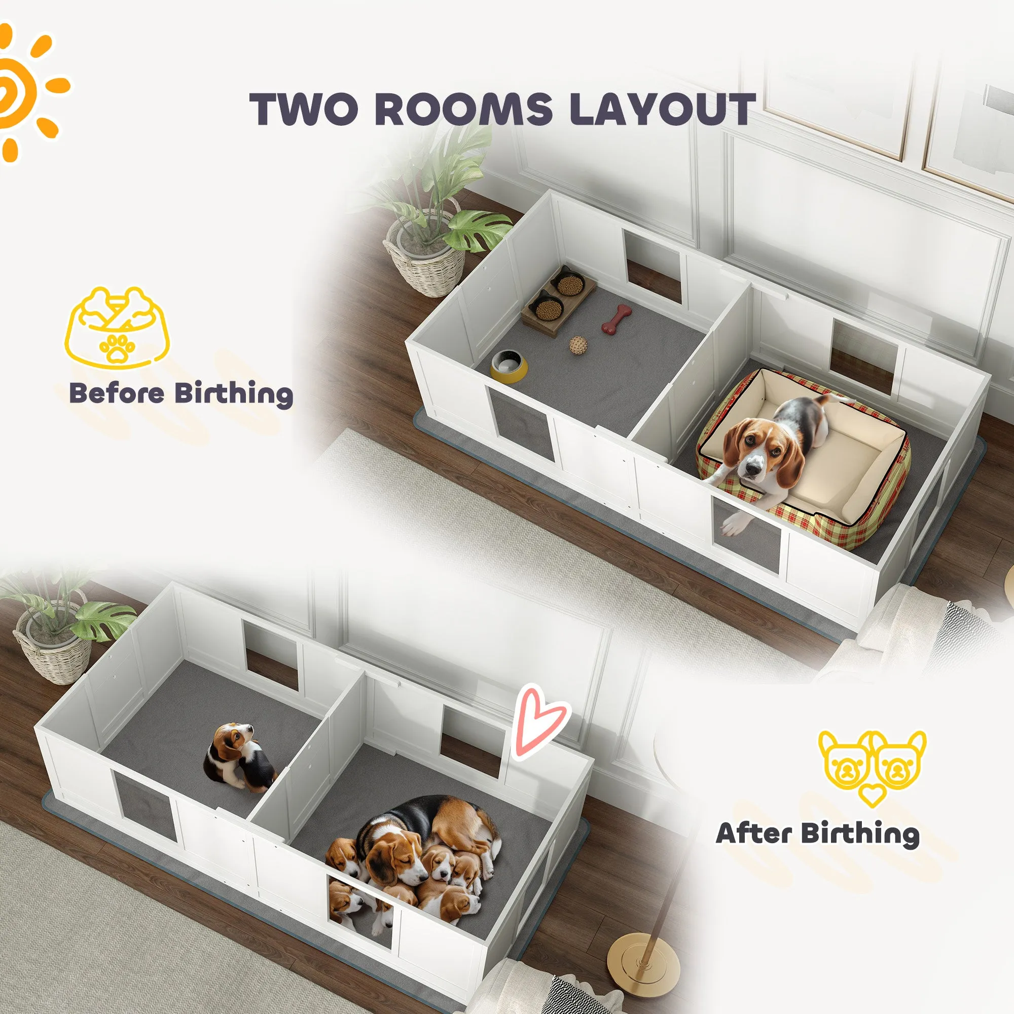 Whelping Box for Dogs with Whelping Pad, Two Room Design, 196 x 96cm