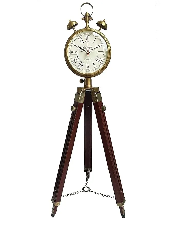 Women Wooden Handcraft Wooden and Brass Antique Metal Tripod Floor Analog Clock with Stand Two Bell Prop Roman Number for Home Living Room Hall & Office Décor Handicraft Gifts Item