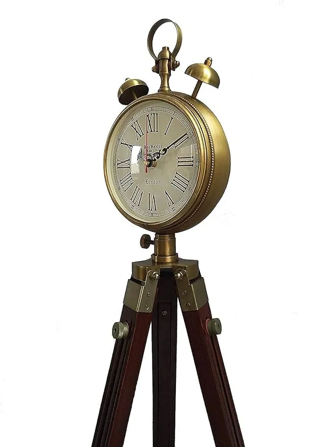 Women Wooden Handcraft Wooden and Brass Antique Metal Tripod Floor Analog Clock with Stand Two Bell Prop Roman Number for Home Living Room Hall & Office Décor Handicraft Gifts Item