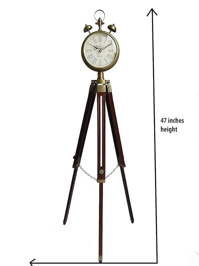 Women Wooden Handcraft Wooden and Brass Antique Metal Tripod Floor Analog Clock with Stand Two Bell Prop Roman Number for Home Living Room Hall & Office Décor Handicraft Gifts Item