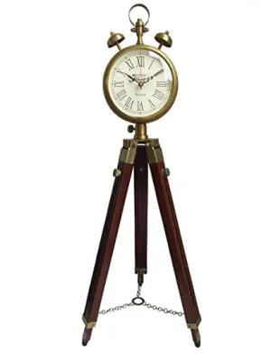 Women Wooden Handcraft Wooden and Brass Antique Metal Tripod Floor Analog Clock with Stand Two Bell Prop Roman Number for Home Living Room Hall & Office Décor Handicraft Gifts Item